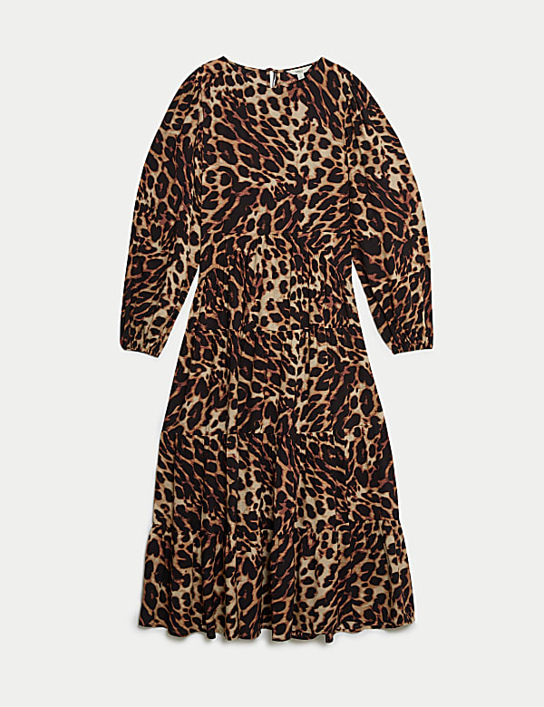 שמלת מידי מדורגת ואסופה במותניים עם הדפס מנומר - IL