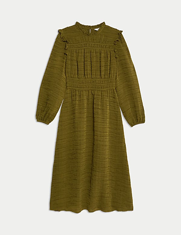 Textured Frill Detail Midi Waisted Dress - NZ