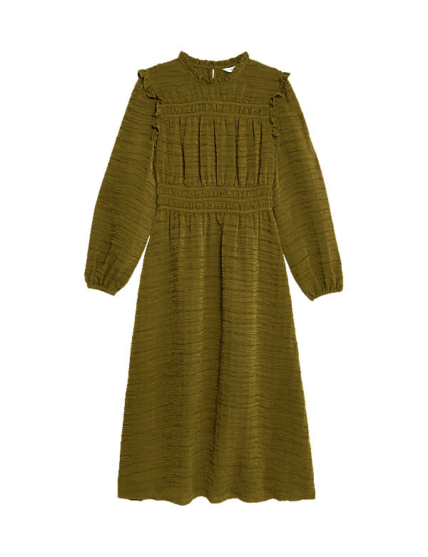 Textured Frill Detail Midi Waisted Dress