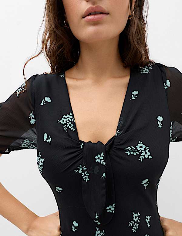 Floral Puff Sleeve Tie Detail Midaxi Tea Dress - BN