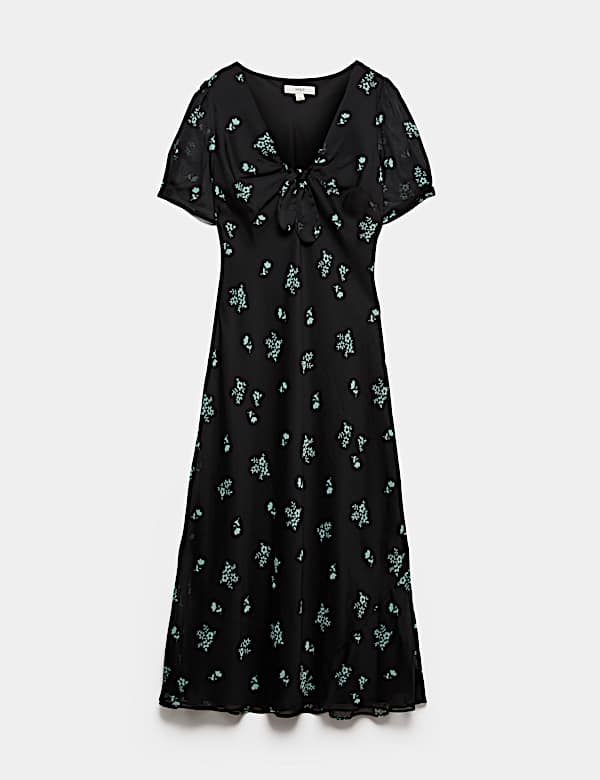 Floral Puff Sleeve Tie Detail Midaxi Tea Dress - BN