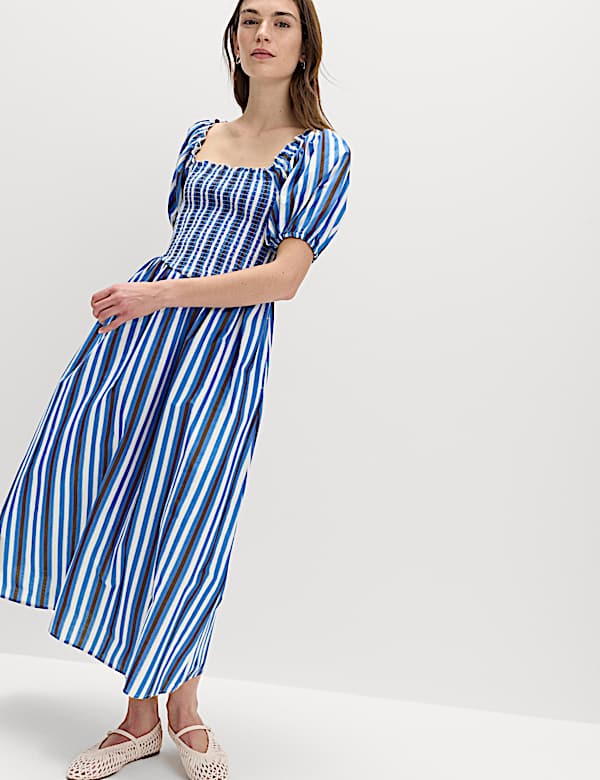 Pure Cotton Striped Shirred Midi Dress