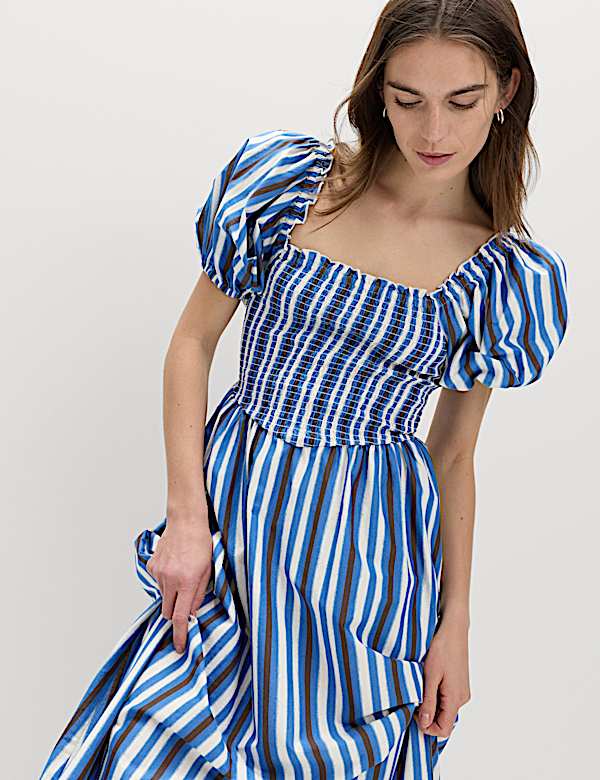 Pure Cotton Striped Shirred Midi Dress