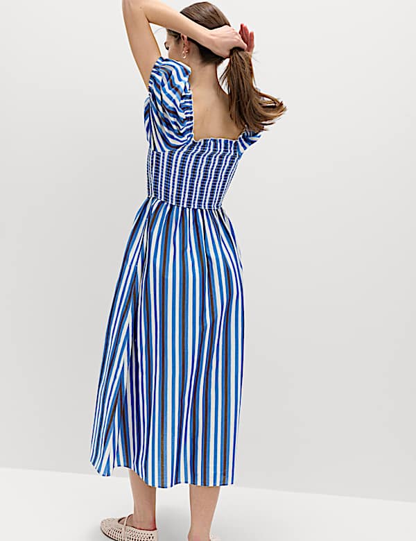 Pure Cotton Striped Shirred Midi Dress