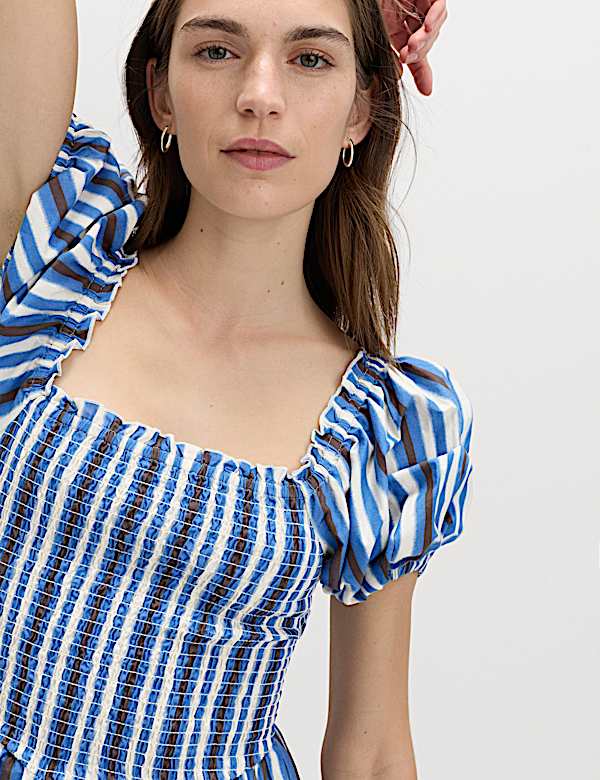 Pure Cotton Striped Shirred Midi Dress