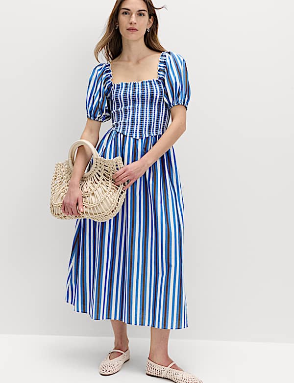 Pure Cotton Striped Shirred Midi Dress