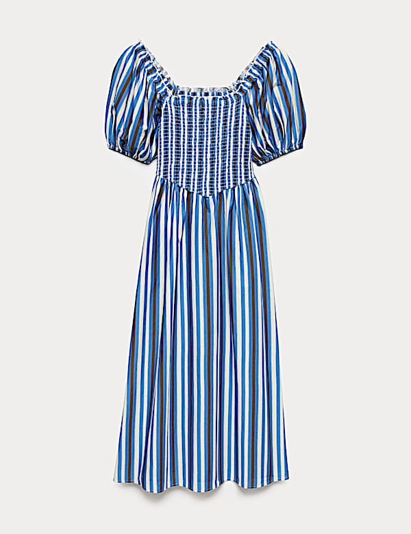 Pure Cotton Striped Shirred Midi Dress