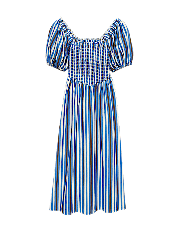 Pure Cotton Striped Shirred Midi Dress