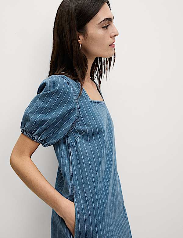 Pure Cotton Denim Striped Mini Shift Dress - GR