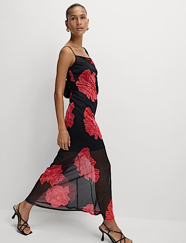 Floral Mesh Strappy Midi Bodycon Dress - GR