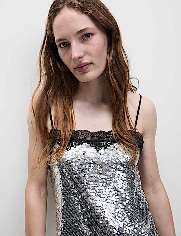 Sequin Square Neck Midi Slip Dress - HU