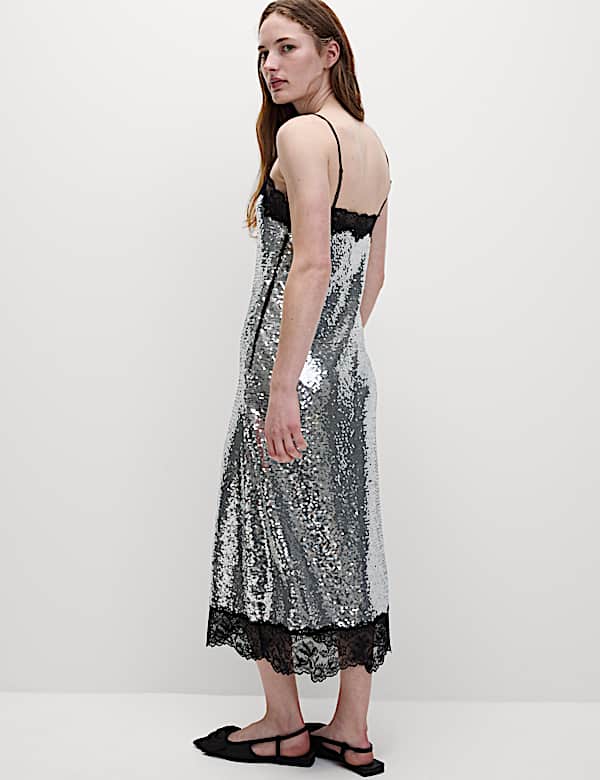 Sequin Square Neck Midi Slip Dress - HU