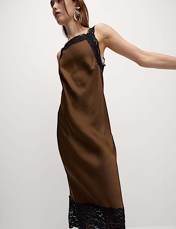 Satin Lace Square Neck Midaxi Slip Dress - US