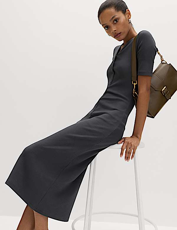Cotton Rich Ribbed V-Neck Midi Column Dress