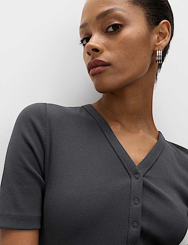 Cotton Rich Ribbed V-Neck Midi Column Dress - NZ