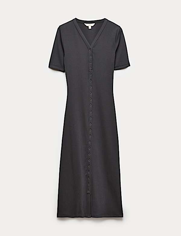 Cotton Rich Ribbed V-Neck Midi Column Dress - NZ