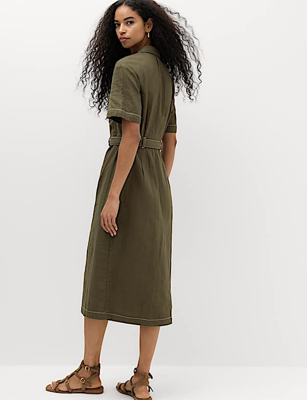Pure Cotton Collared Belted Midi Utility Dress - ES