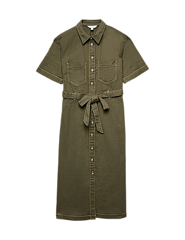 Pure Cotton Collared Belted Midi Utility Dress