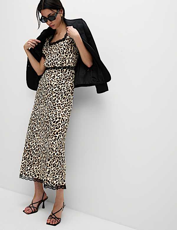 Lyocell Blend Leopard Print Square Neck Midaxi Tea Dress - KR