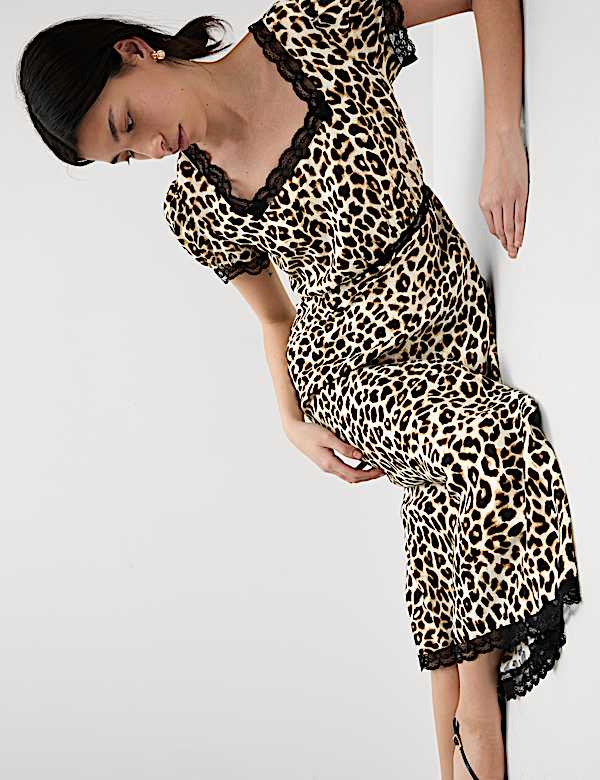 Lyocell Blend Leopard Print Square Neck Midaxi Tea Dress - KR