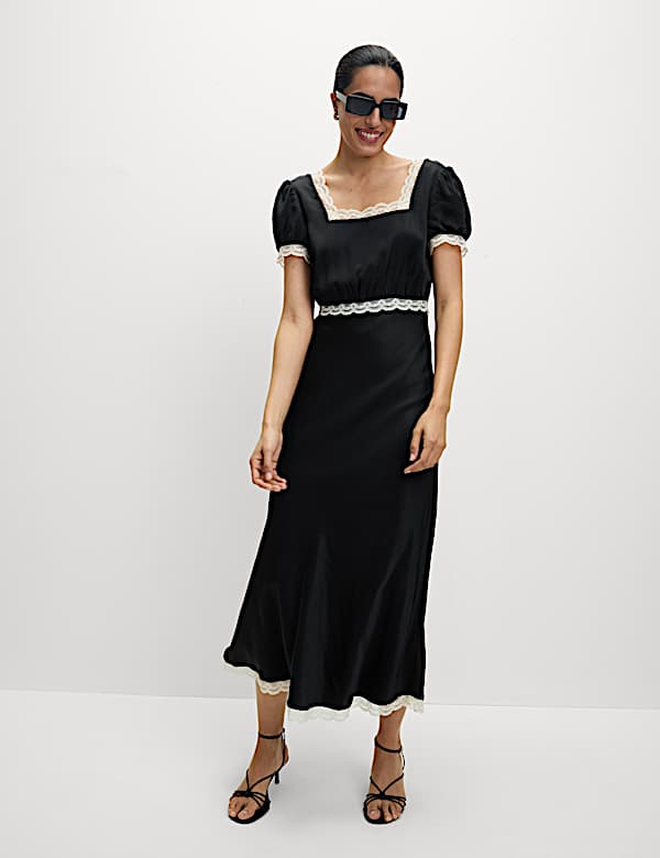 Vestido de tarde maxi a media pierna de lyocell con escote cuadrado y estampado de leopardo - ES