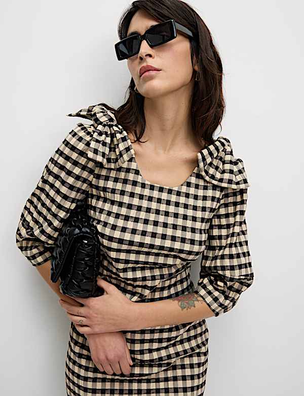 Gingham Round Neck Puff Sleeve Mini Shift Dress - NZ