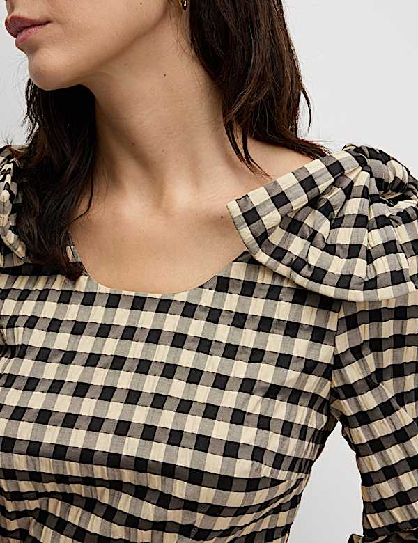Gingham Round Neck Puff Sleeve Mini Shift Dress - NZ