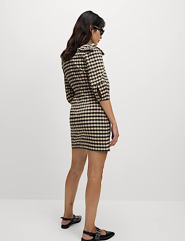 Gingham Round Neck Puff Sleeve Mini Shift Dress - NZ