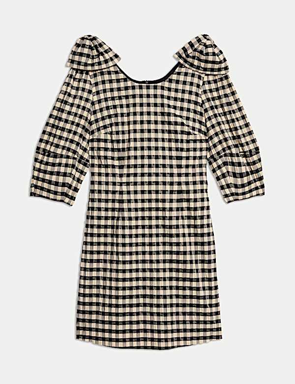Gingham Round Neck Puff Sleeve Mini Shift Dress - NZ