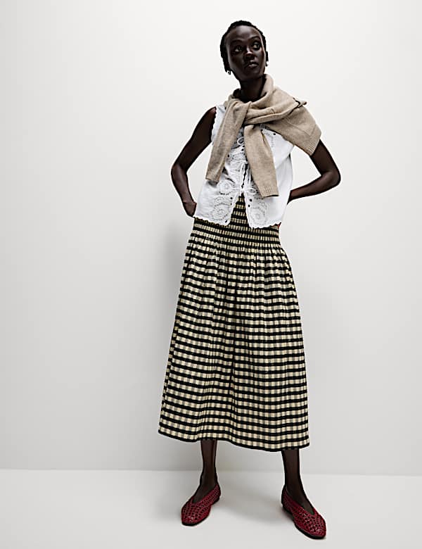 Cotton Blend Checked Midaxi A Line Skirt - LV