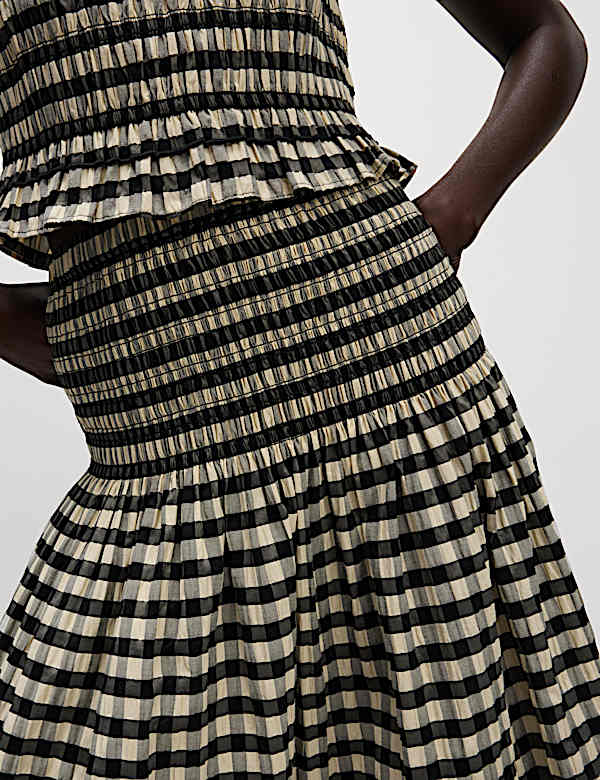 Cotton Blend Checked Midaxi A Line Skirt - LV