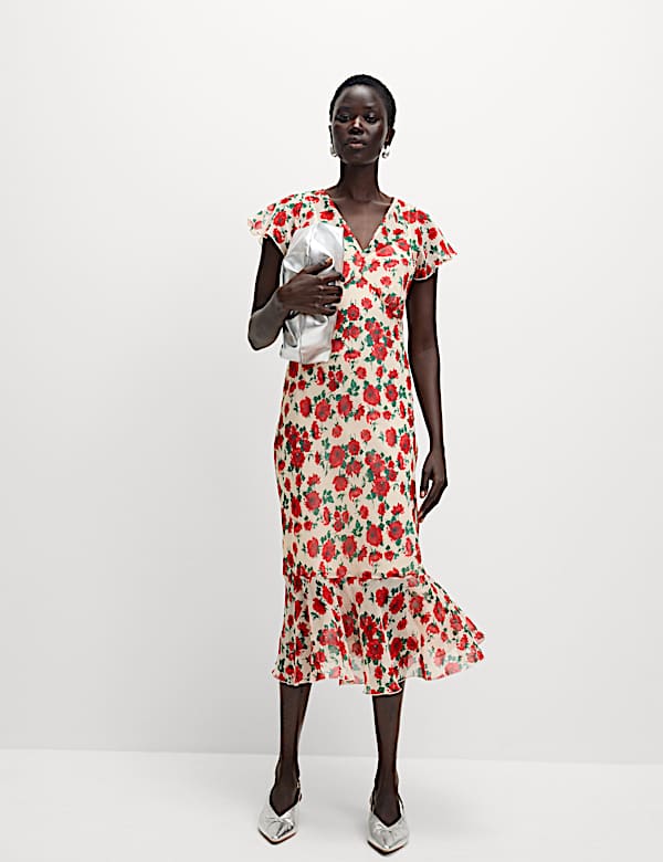 Chiffon Floral V-Neck Angel Sleeve Midaxi Tea Dress