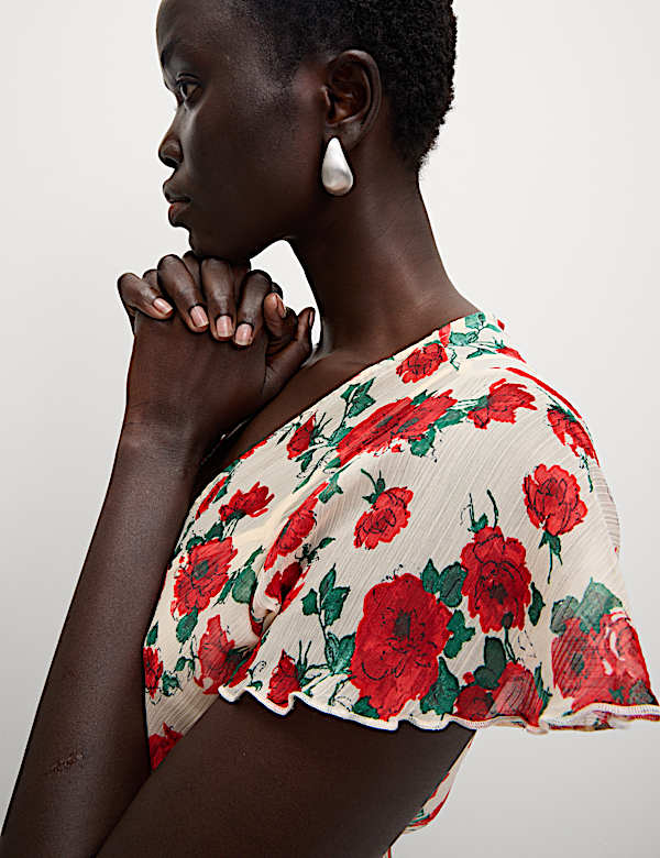 Chiffon Floral V-Neck Angel Sleeve Midaxi Tea Dress