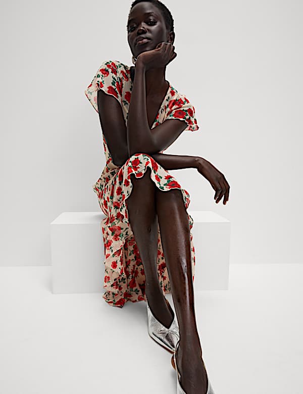 Chiffon Floral V-Neck Angel Sleeve Midaxi Tea Dress