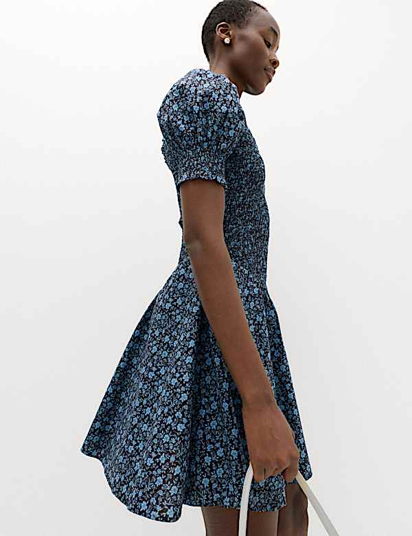 Pure Cotton Floral Mini Shirred Dress - AT