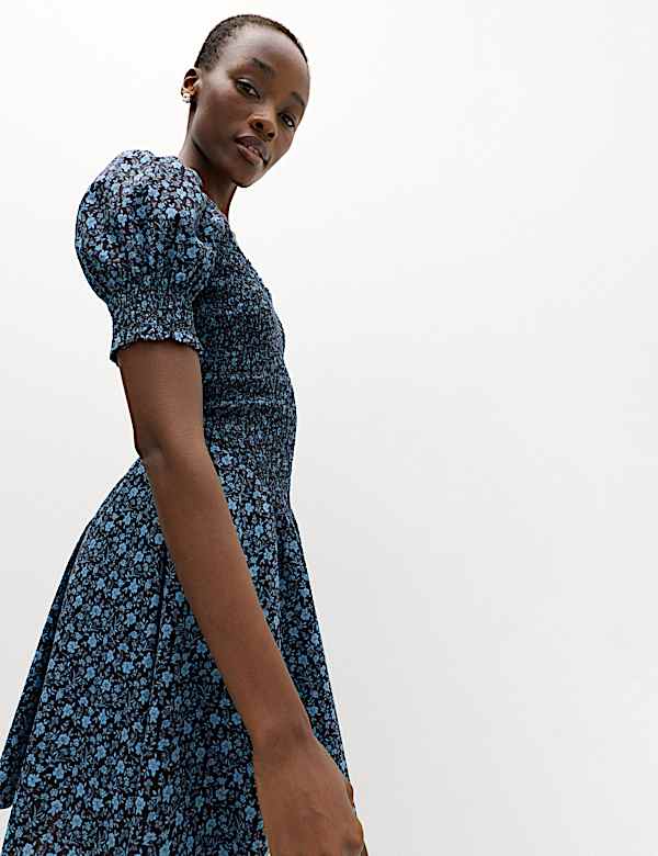 Pure Cotton Floral Mini Shirred Dress - AT