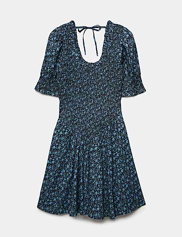 Pure Cotton Floral Mini Shirred Dress - AT