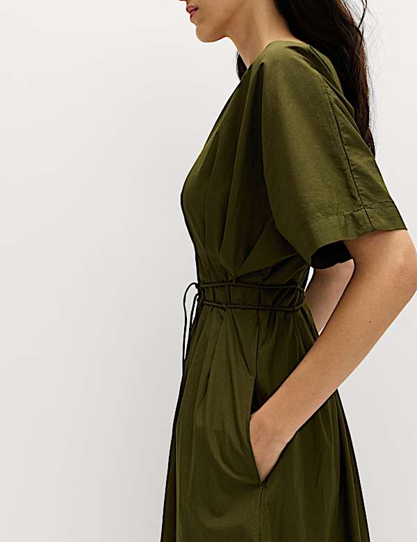 Pure Cotton V-Neck Midi Waisted Dress