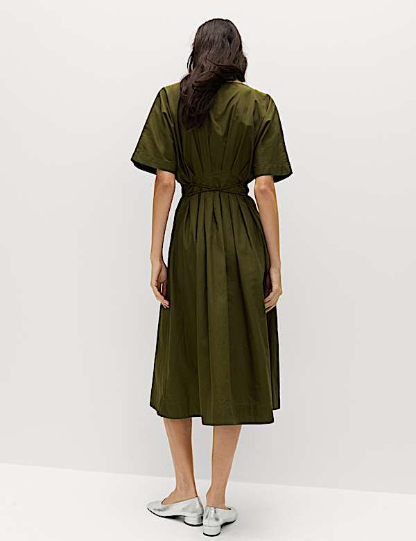 Pure Cotton V-Neck Midi Waisted Dress