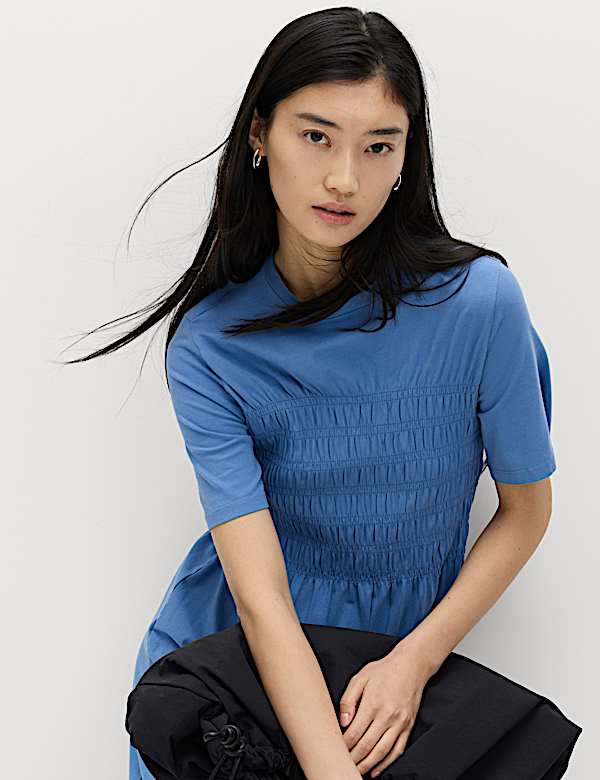 Cotton Rich Shirred Midi T-Shirt Dress - FR