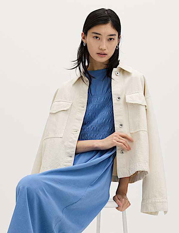 Cotton Rich Shirred Midi T-Shirt Dress - FR