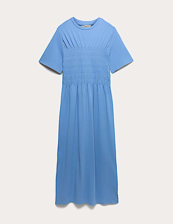 Cotton Rich Shirred Midi T-Shirt Dress - FR
