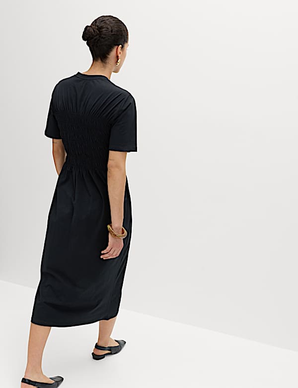 Cotton Rich Shirred Midi T-Shirt Dress