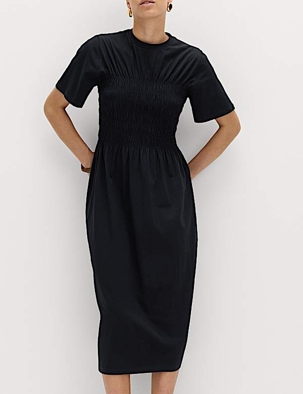 Cotton Rich Shirred Midi T-Shirt Dress