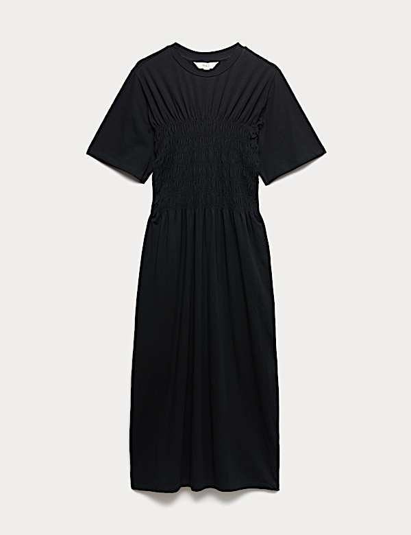 Cotton Rich Shirred Midi T-Shirt Dress - KR