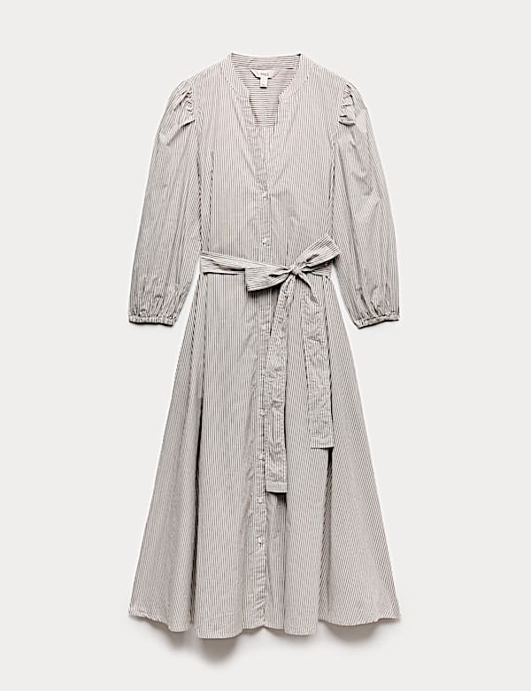 Pure Cotton Striped V-Neck Midi Shirt Dress