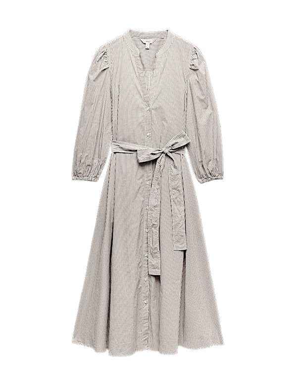 Pure Cotton Striped V-Neck Midi Shirt Dress