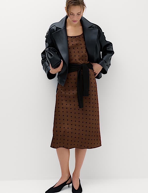 Satin Polka Dot Flocked Midi Slip Dress - UA