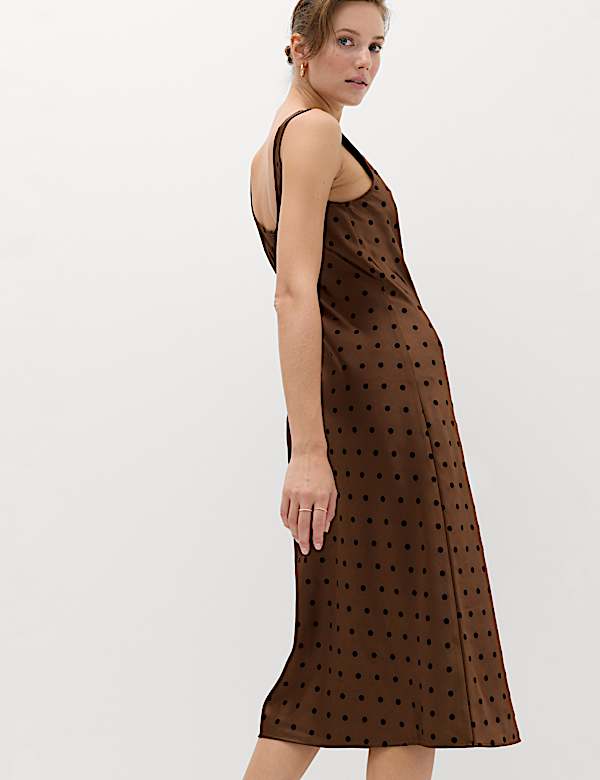 Satin Polka Dot Flocked Midi Slip Dress - UA
