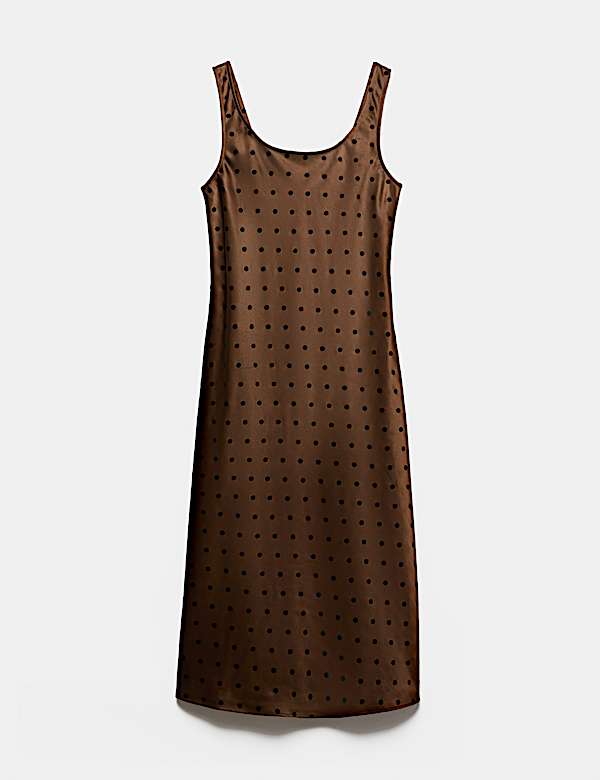 Satin Polka Dot Flocked Midi Slip Dress - UA